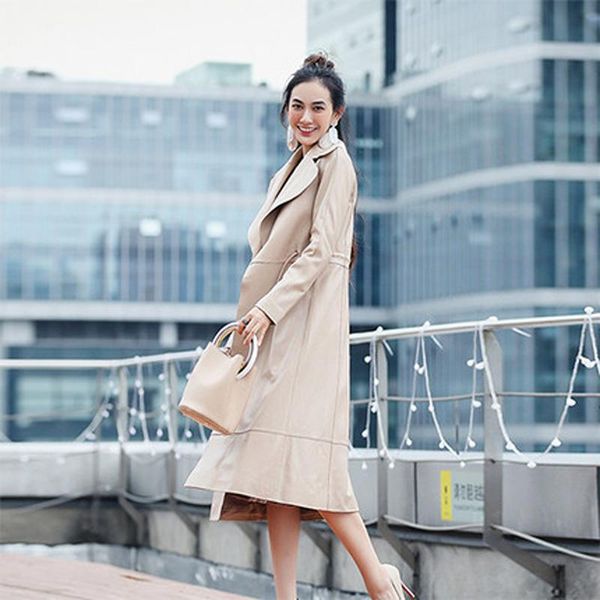 

women's leather & faux genuine jacket women 2021 autumn winter fashion real sheepskin coat female long trench steetwear chaqueta mujer, Black