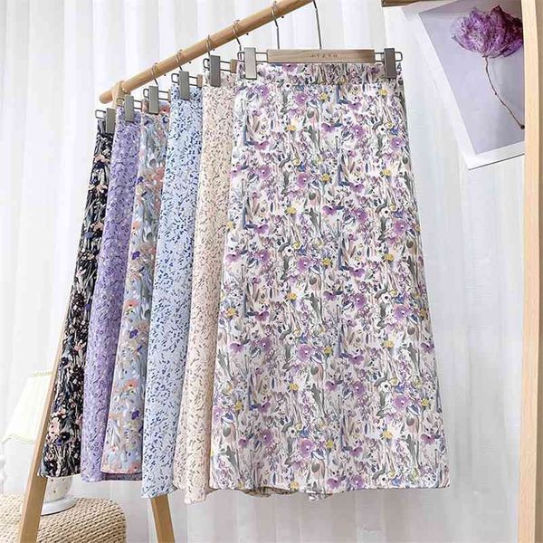 

croysier long skirts elegant vintage floral summer skirt women clothing high waist a line casual chiffon midi skirt 210724, Black