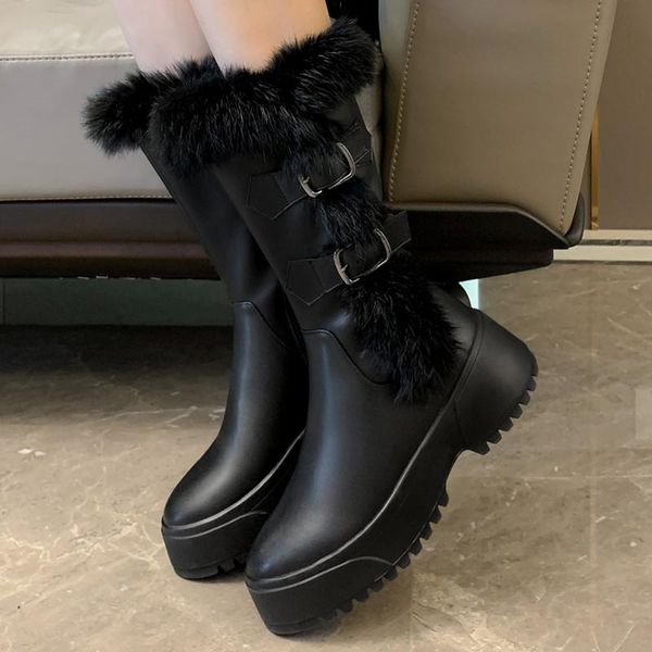 

boots winter warm mid calf handmade genuine leather women snow round toe thick sole buckle straps high platform women's shoes, Black