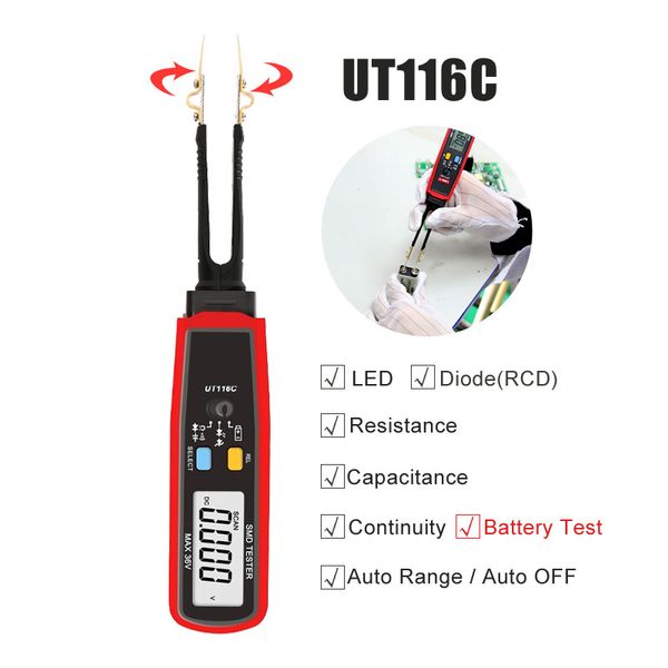 Multimetreler UT116A UT116C SMD Tester Otomatik Aralığı LED Ekran DCV Direnç Kapasitans Diyot (RCD) Süreklilik Ölçer Pil