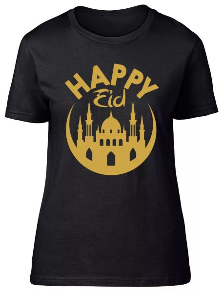 

happy eid gold womens ladies fitted t-shirt, White;black