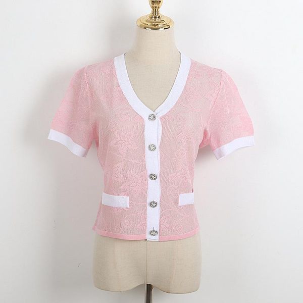 

women's t-shirt v-neck ice silk knitted cardigan women summer 2021 casual chic design perspective short sunscreen coat t shirt tide, White