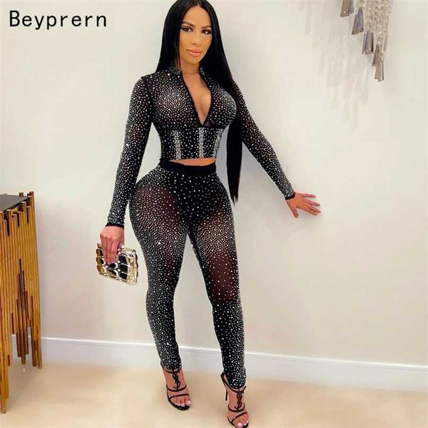 Beyprern Sparkle Calças de cristal conjunto (preto) outono ver através de topo de colheita crave e legging party club usa 211105