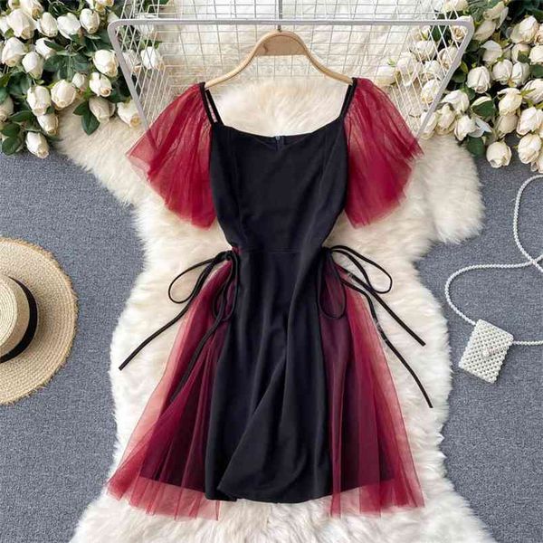 

summer women v neck mesh short sleeves patchwork black bow a line dress female party dresses 210428, Black;gray