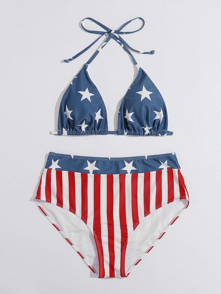 

plus american flag print triangle bikini swimsuit g10g#, Black