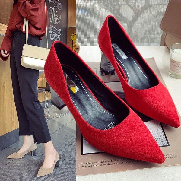 

dress shoes black high heels thick with pointed single fashion shallow mouth professional suede work banquet womens