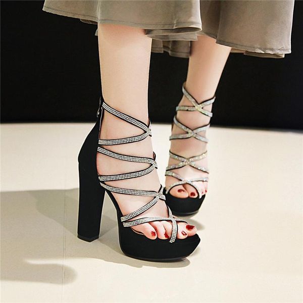 

crystal rhinestone gladiator sandals women cross strap platform summer wedding party woman shoes high chunky heels, Black