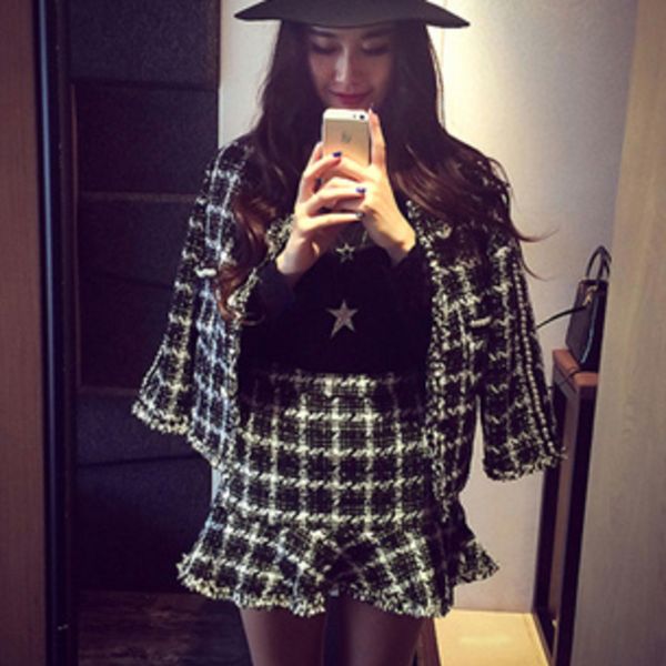 

skirt fall winter black white patchwork plaid two piece tweed pearls suit women fashion jacket coat + mermaid set x4dl
