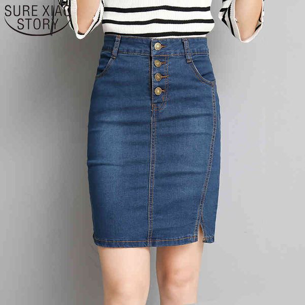 

high waist buttons slim office lady elegant denim fashion summer autumn women pencil skirt 3715 50 210417, Black