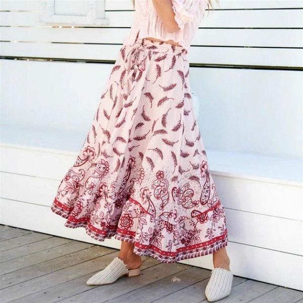 

skirts ayualin boho maxi for women 2021 vintage pink floral printed elastic waist summer skirt hippie beach casual long falda, Black
