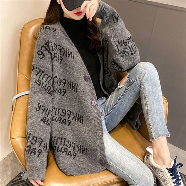 

fashion letter knitted cardigan autumn loose and style with v-neck medium long sweater coat, White;black