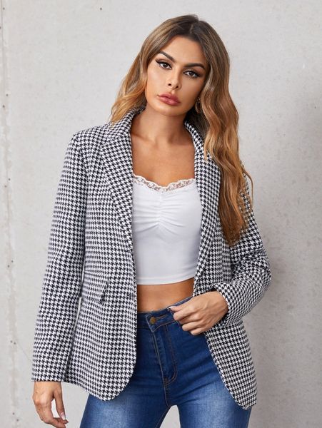 

houndstooth print button front blazer m1uc#, White;black