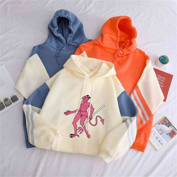 

fleece patchwork hoodie women casual harajuku kawaii el diablito cartoon print hooded sweatshirt clothes 210809, Black