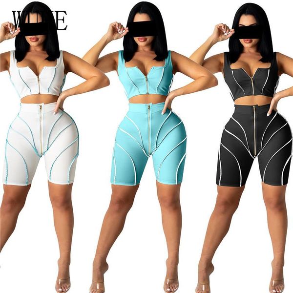 

women's tracksuits wuhe patchwork 2 piece suits spaghetti strap zipper up v neck and tight short pants fitness club casual outfits, Gray