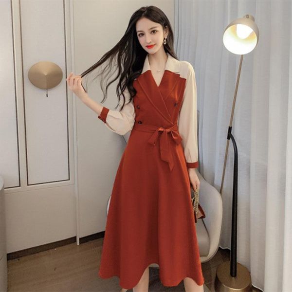 

casual dresses heyrdess 2021 spring women sashes turn down collar dress office lady double breasted a-line patchwork vestidos, Black;gray