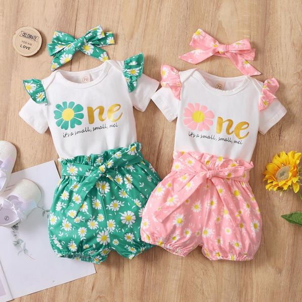 

clothing sets infant baby birthday set born girls letter romper bodysuit floral printed shorts headbands outfits 3pcs for, White