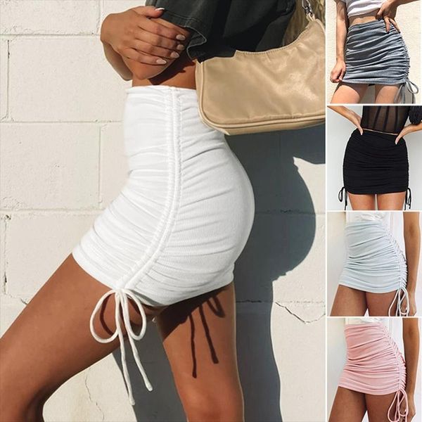 

women's skirt drawstring all-match bag hip summer solid color mini skirts, Black
