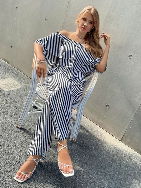 

off shoulder striped wide leg jumpsuit f6rl#, White