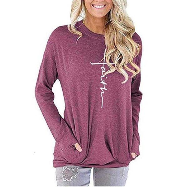 

women's t-shirt long sleeve t women clothes spring faith print o-neck fashion pocket oversize casual tee shirt femme u7e7, White