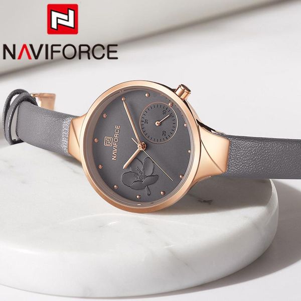 

wristwatches naviforce fashion women watch gray gold ladies wristwatch genuine leather bracelet classic female clock 5001, Slivery;brown
