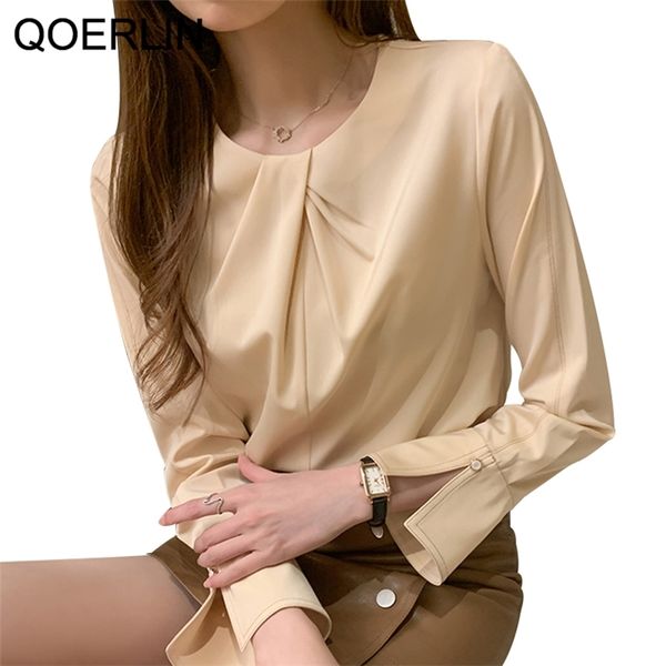 S-2XL Champagne Chiffon Blusa Mulheres Manga Longa Criss-Cross Pescoço Roupas para Mulheres Moda Elegante Tops Camisa Sólida Blusa Mujer 210601