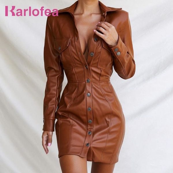 

karlofea women 2021 winter christmas dresses pu faux leather long sleeve party dress elegant backless brown outfits casual, Black;gray