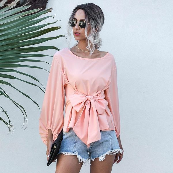 

casual lantern sleeve o-neck blouse solid loose bow sashes chiffon shirt women 2021 autumn elegant fashion office ladies women's blouse, White