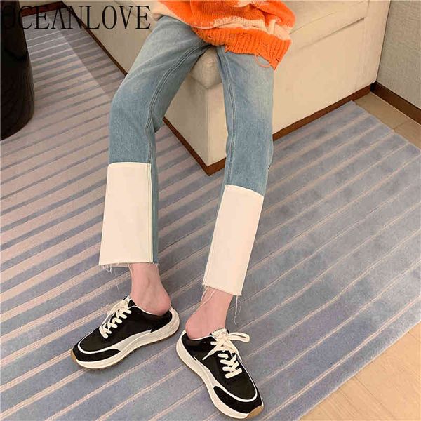 

high waist women jeans spring korean fashion casual style patchwork denim solid loose ankle-length pants 210415, Blue