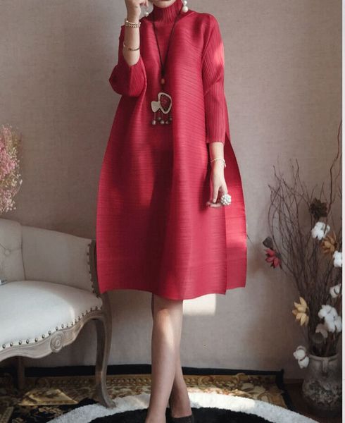 

dresses women's turtleneck dresses in all seasons miyak fold europe station large size loose and thin hem split pleated dress tied 7895, Black;gray