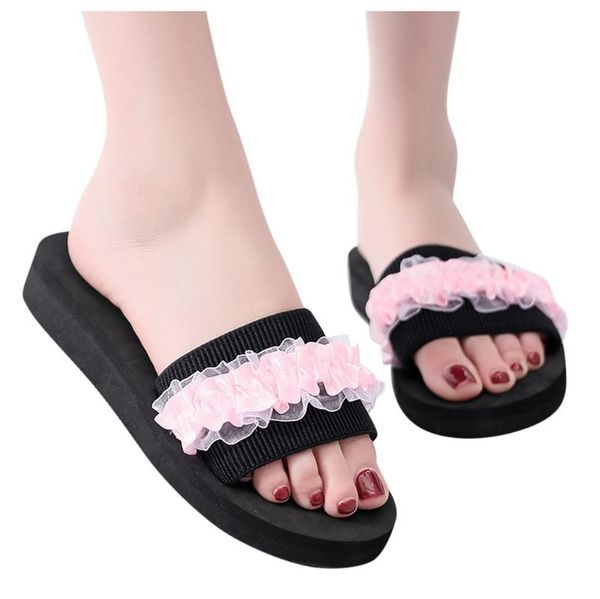 

slippers sagace summer women girl flat bottom open toe flower shoes non-slip slip on for indoor beach, Black