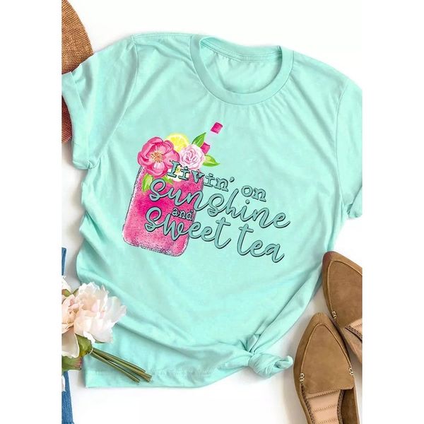 

grass green printed women is fashion word 3d printing short slim t-shirt summer casual round neck short short sleeve t-shirt, White