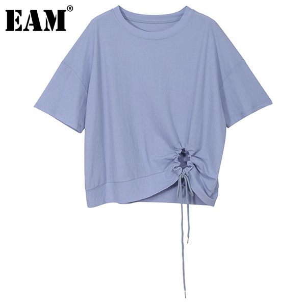 

[eam] women black drawstring irregular big size t-shirt round neck short sleeve fashion spring summer 1dd6643 210512, White
