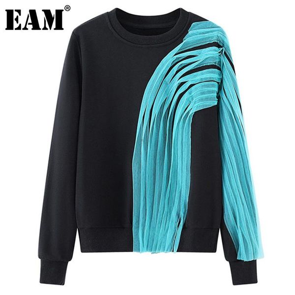 

[eam] loose fit asymmetrical mesh black sweatshirt round neck long sleeve women fashion tide spring autumn 2021 1dd4518 women's hoodies