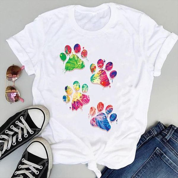 

cartoon watercolor paw pet women dog cute fashion print graphic summer short sleeve female clothes tees t shirt, White