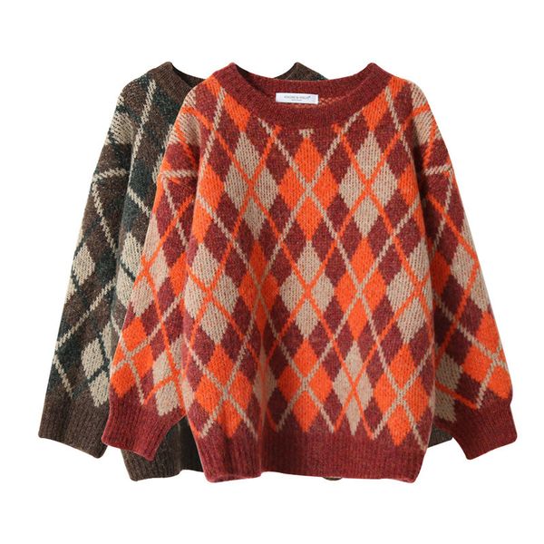 

fashionable retro agryle lazy wind pullover sweater women o neck rhombus oversized knit for autumn winter wear 210520, White;black