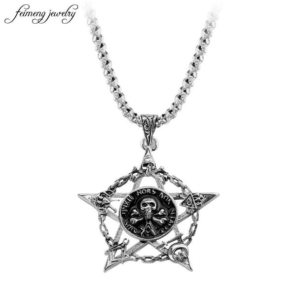 

pendant necklaces vintage punk skull biker pentagram pendants star of david hexagram necklace for men fashion long link chain jewelry statem, Silver
