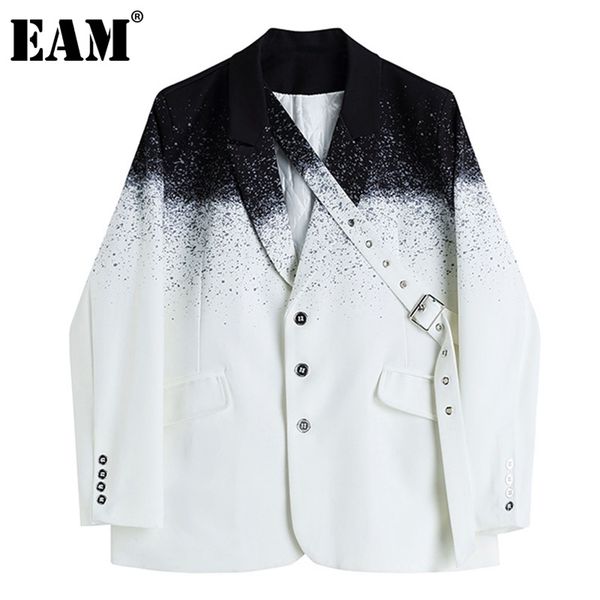 

[eam] women casual gradient spliced belt blazer lapel long sleeve loose fit jacket fashion spring autumn 1dd8788 211104, White;black