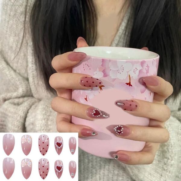 

false nails manicure tool heart almond rhinestone fake nail tips wearable, Red;gold