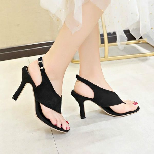 

sandals summer women shoes fashion high heel flock party buckle solid thin heels word band toe large size 8ccm, Black