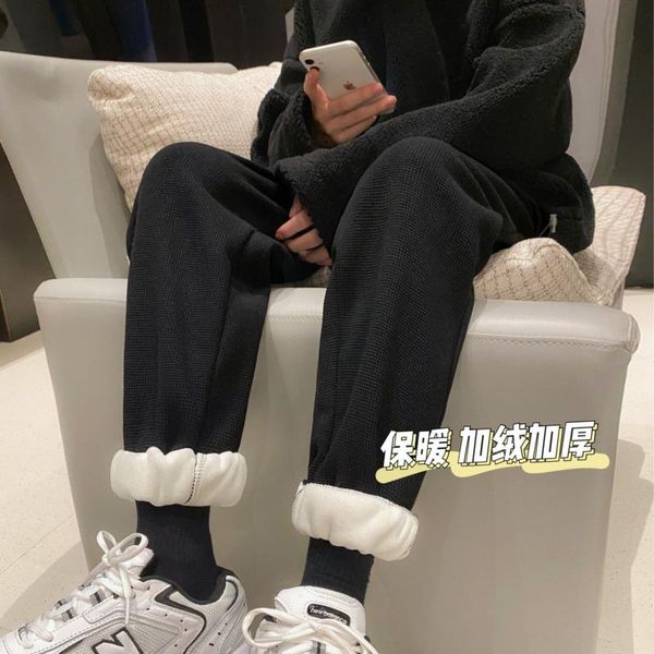 

men's pants winter plus velvet casual men warm fashion plaid sweatpants streetwear loose hip-hop straight mens trousers, Black
