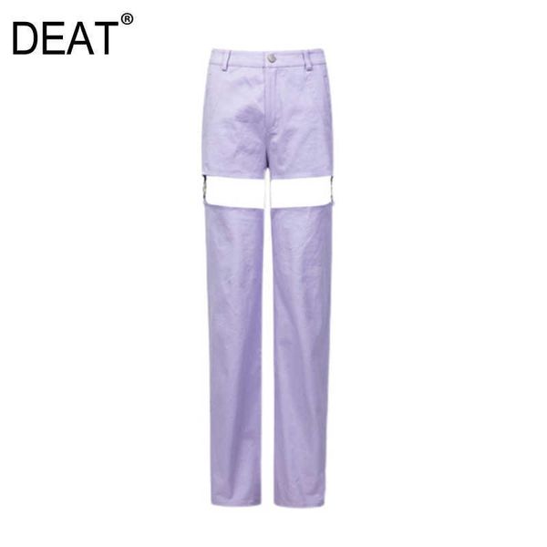 

[deat] women summer fashion straight-leg pants solid color high waist hollow out personality jeans 13q452 210527, Blue