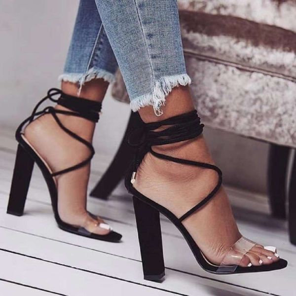 

women's sandals high heel strap thick sequin for women, Black