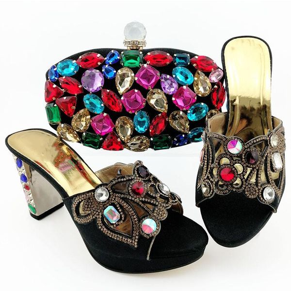 

dress shoes wonderful black women with big colorful crystal decoration african pumps match handbag set qsl007,heel 9cm