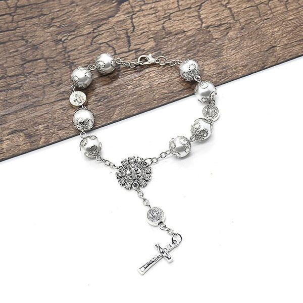 

link, chain catholic rosary bracelets for women jesus cross silver color imitation pearl beads bracelet femme church prayer jewelry, Black