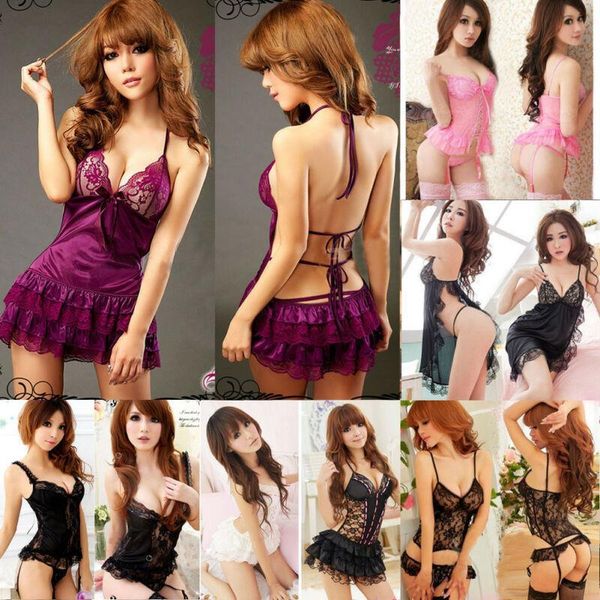 

Style Babydolls Sleeveles Sexy Lingerie Womens Sleepwears Lace Pure Color Chemises Fancy Dress Mini Fashion, Black;red