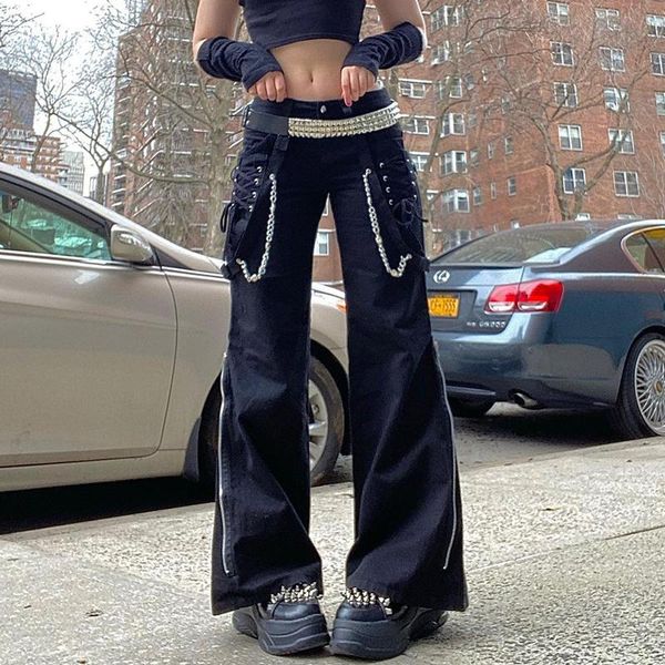 

women's pants & capris e-girl gothic black wide leg women streetwear bandage chain punk baggy trousers harajuku hight waist casual, Black;white