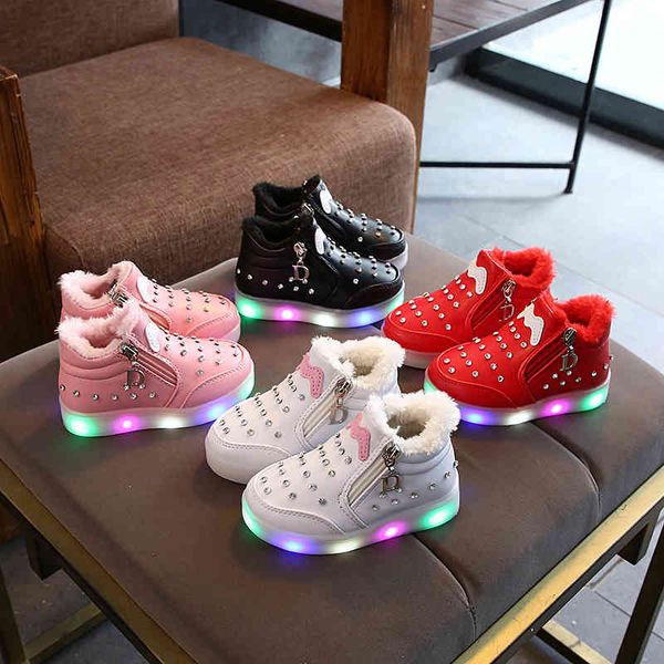 

baby shoes 2021 winter korean version of children's sports light middle rhinestone cartoon led night soft bottom girls', Black