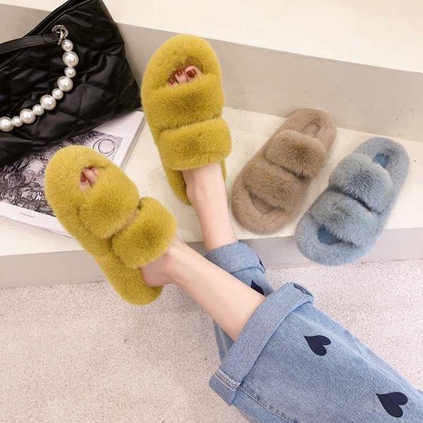

korean version of woolen slippers women's 2022 autumn winter new flat comfortable one-line trawl with red thick bottom and cotton, Black