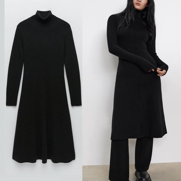 

dresses za winter knit women long sleeve turtleneck black office lady es female fashion elegant midi a line vestido, Black;gray