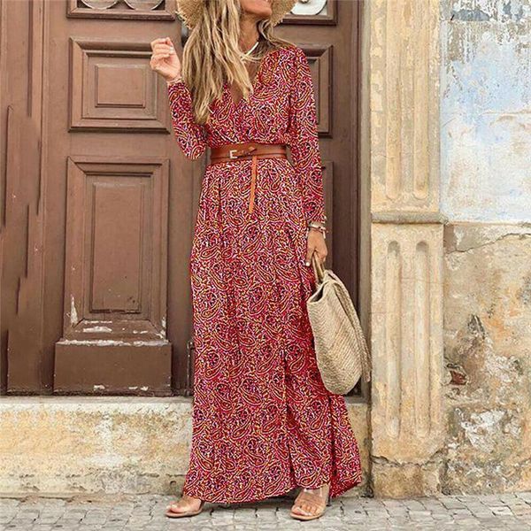 

fashion print dress women elegant long sleeve v neck maxi dresses casual split autumn winter party vestidos plus size, Black;gray